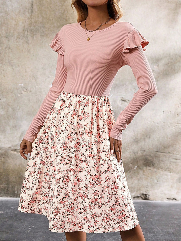 Fashion Sava | Ruffled Floral Dress | Knee Length Elegance - Blush Pink