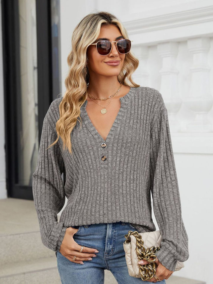 Fashion Sava | Ribbed Notched T-Shirt | Versatile Long Sleeve Top
