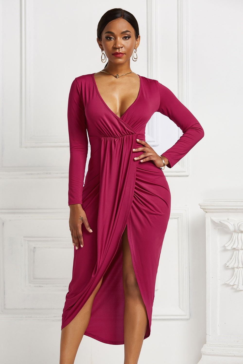 Maya Ruched Surplice Dress – MAY-A0816