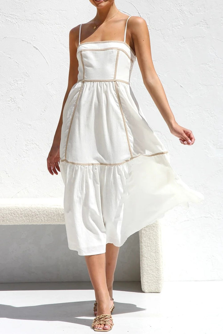 Fashion Sava | Square Neck Midi Cami Dress | Contrast Trim Style - White