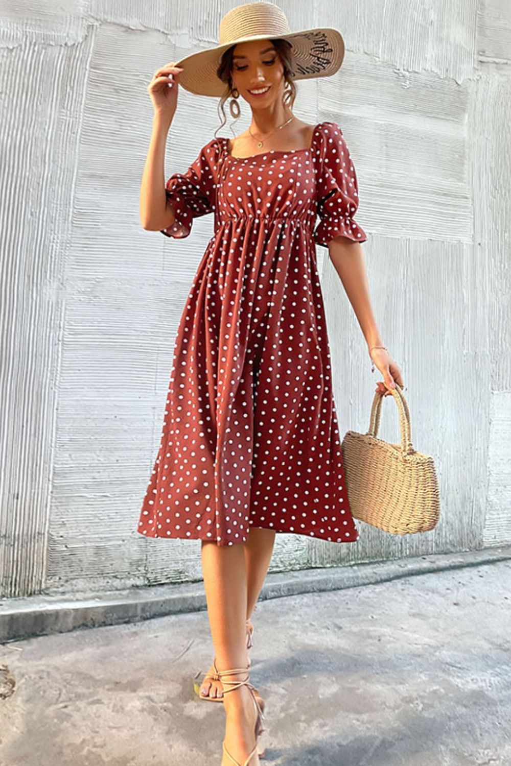 Perfee Polka Dot Square Neck Flounce Sleeve Dress