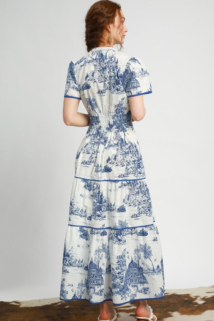Fashion Sava | Umgee Landscape Print Maxi Dress | Tiered Short Sleeve - Blue