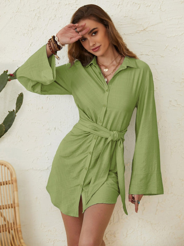 Fashion Sava | Mini Shirt Dress | Collared Neck Long Sleeve - Matcha Green