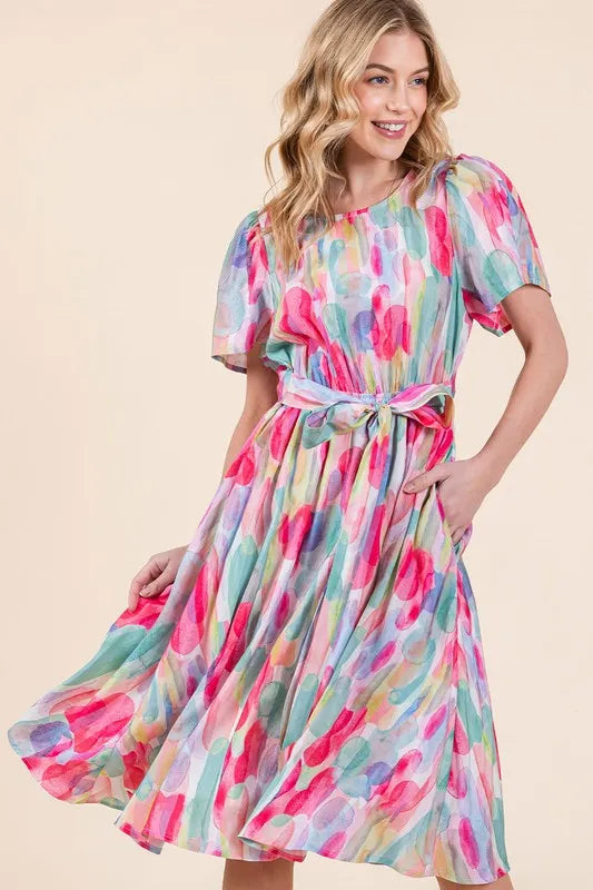 Fashion Sava | Watercolor Midi Dress | Tie Front Elegance