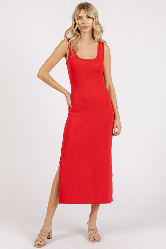 Fashion Sava | Midi Tank Dress | Side Slit Wide Strap Design - Red
