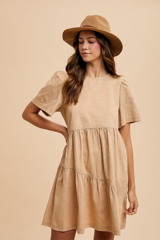Fashion Sava | Mineral Washed Denim Dress | Casual Short Sleeve - Tan