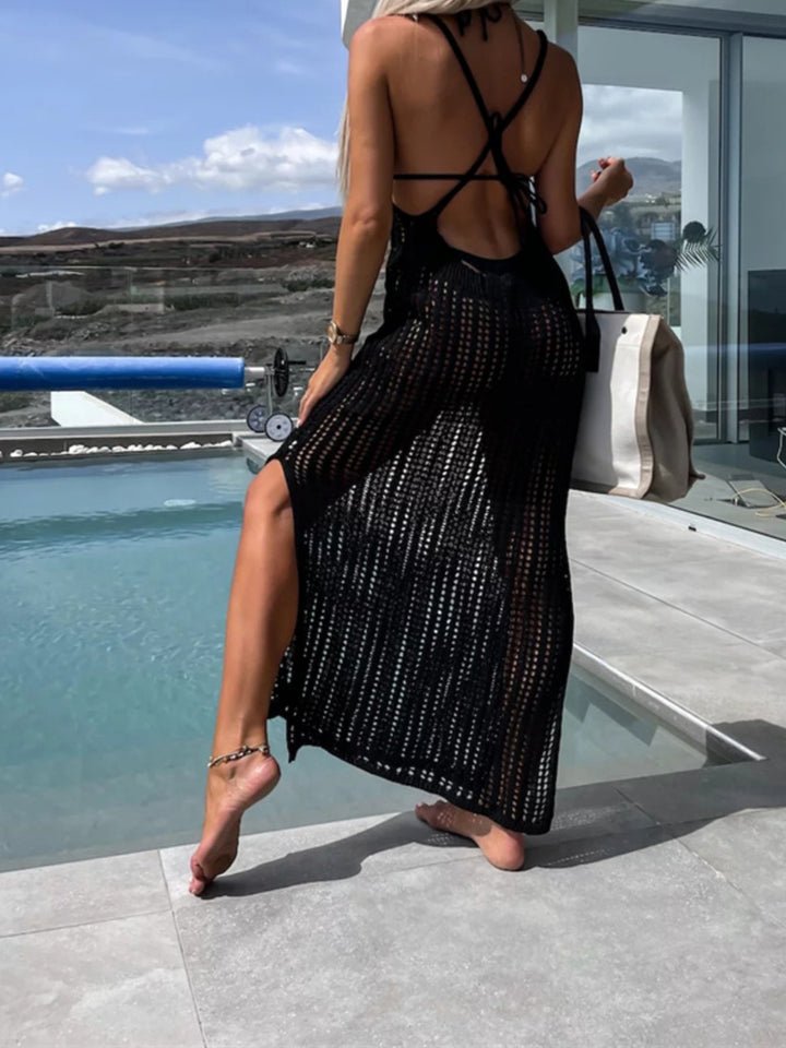 Fashion Sava | Openwork Slit Dress | Wide Strap Elegance - Beige