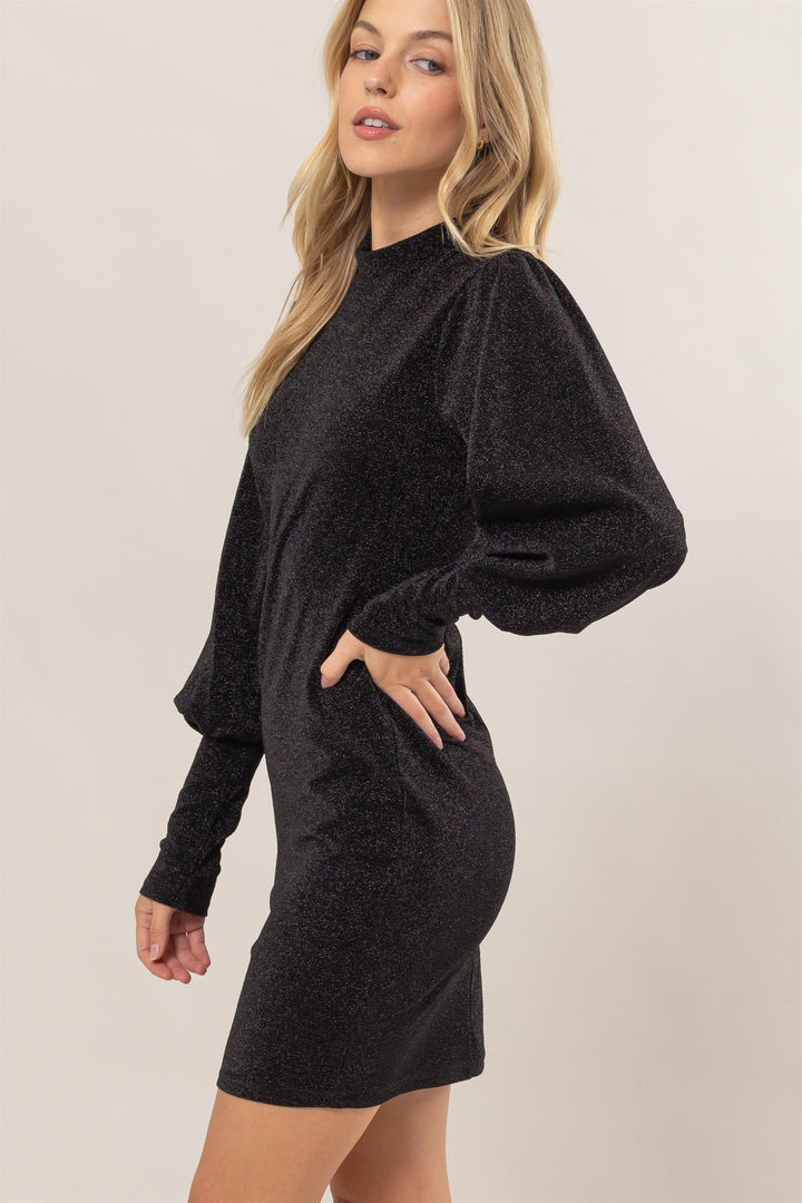 Fashion Sava | Glitter Mini Dress | Mock Neck Long Sleeve - Black