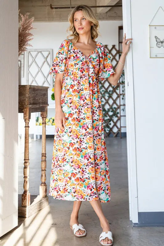 Fashion Sava | Floral Midi Dress | Sweetheart Neck Tie Front