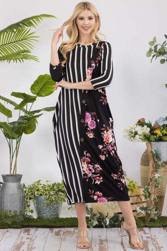 Fashion Sava | Midi-Dress | Stripe Floral Contrast with Buttons