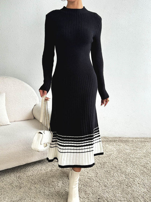 Fashion Sava | Mock Neck Sweater Dress | Contrast Design - Black