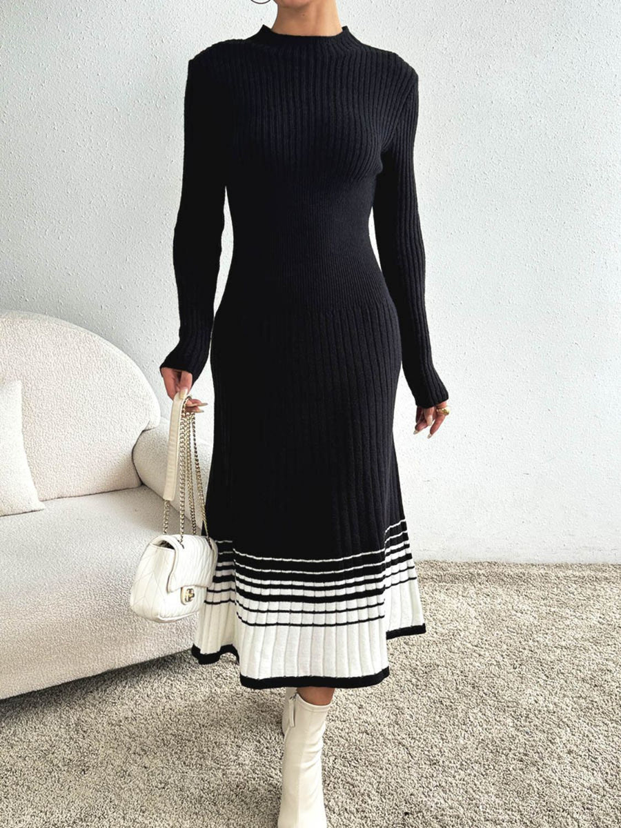 Fashion Sava | Mock Neck Sweater Dress | Contrast Design - Black