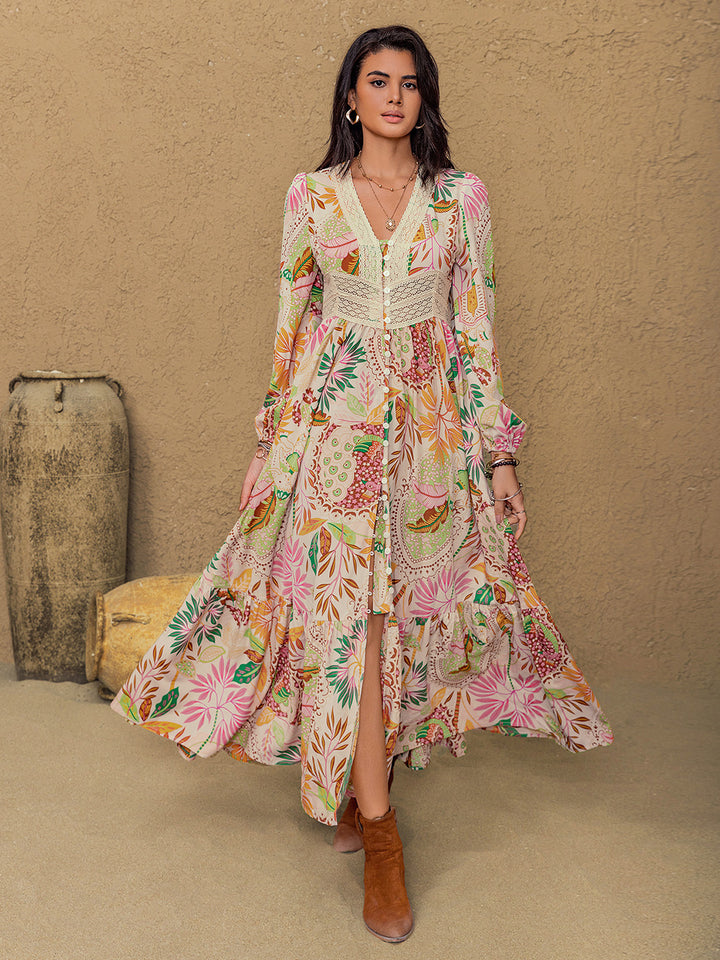 Fashion Sava | Lace Detail Midi Dress | Elegant Printed Design - Multicolor
