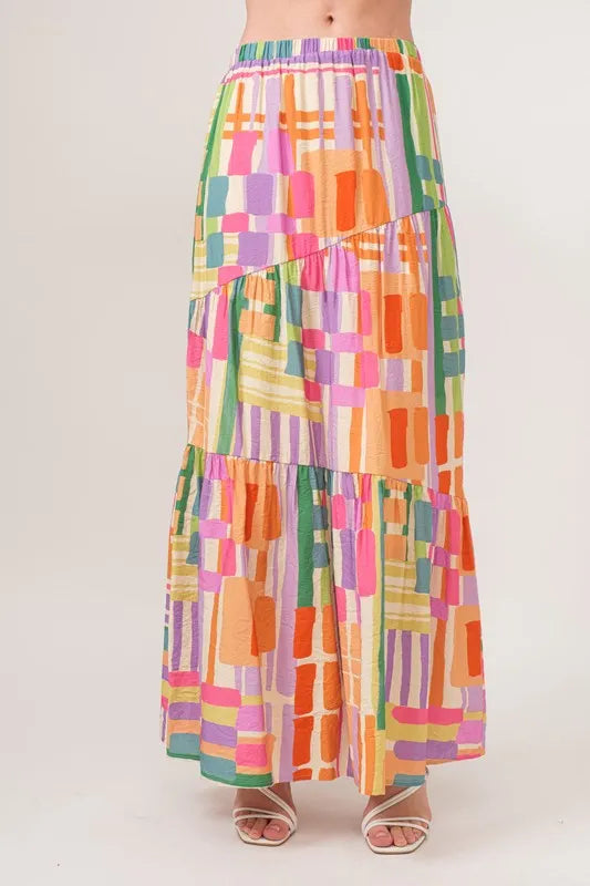Fashion Sava | Asymmetric Maxi Skirt | Geo Printed Tiered Design