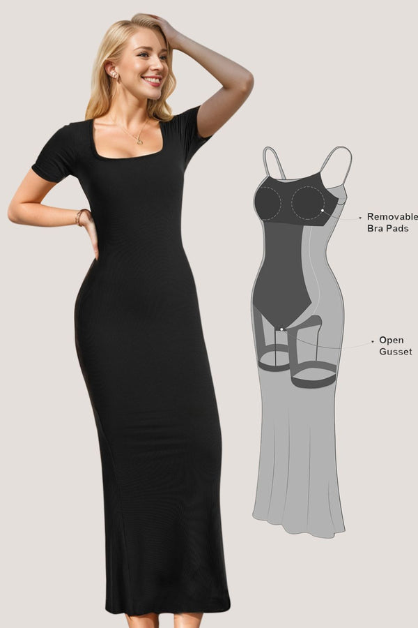 Fashion Sava | Shapewear Maxi Dress | Square Neck Elegance - Black