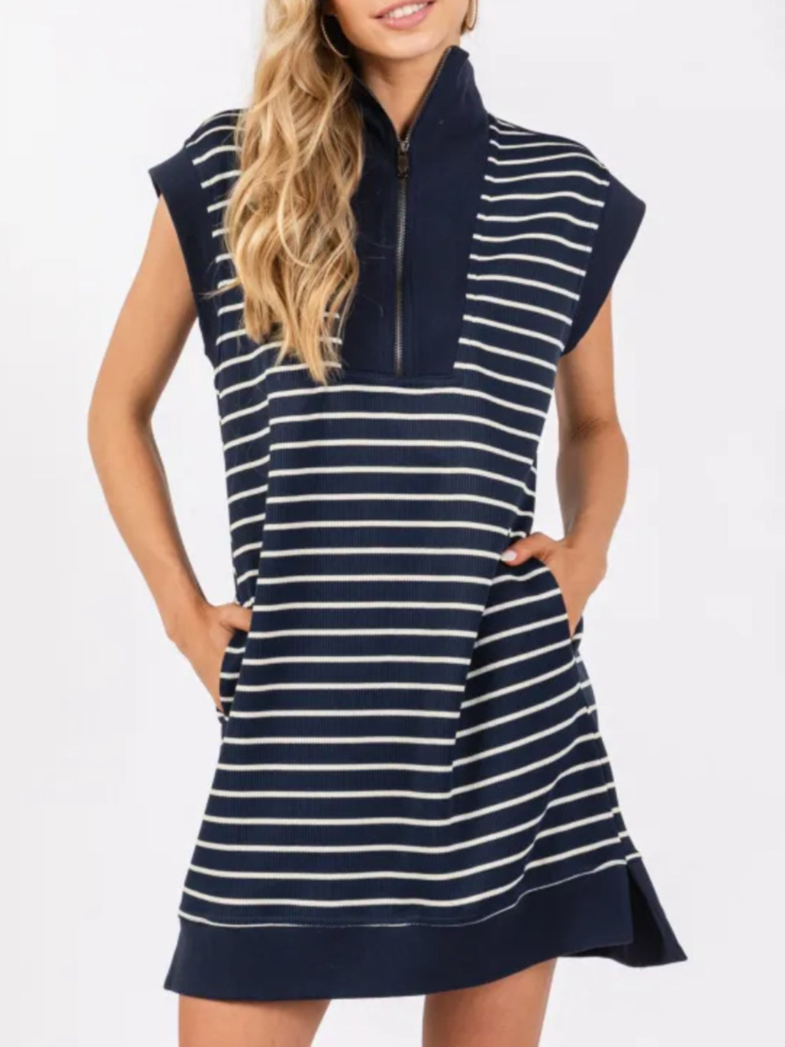 Fashion Sava | Striped Quarter Zip Dress | Pocketed & Cap Sleeve - Dark Blue