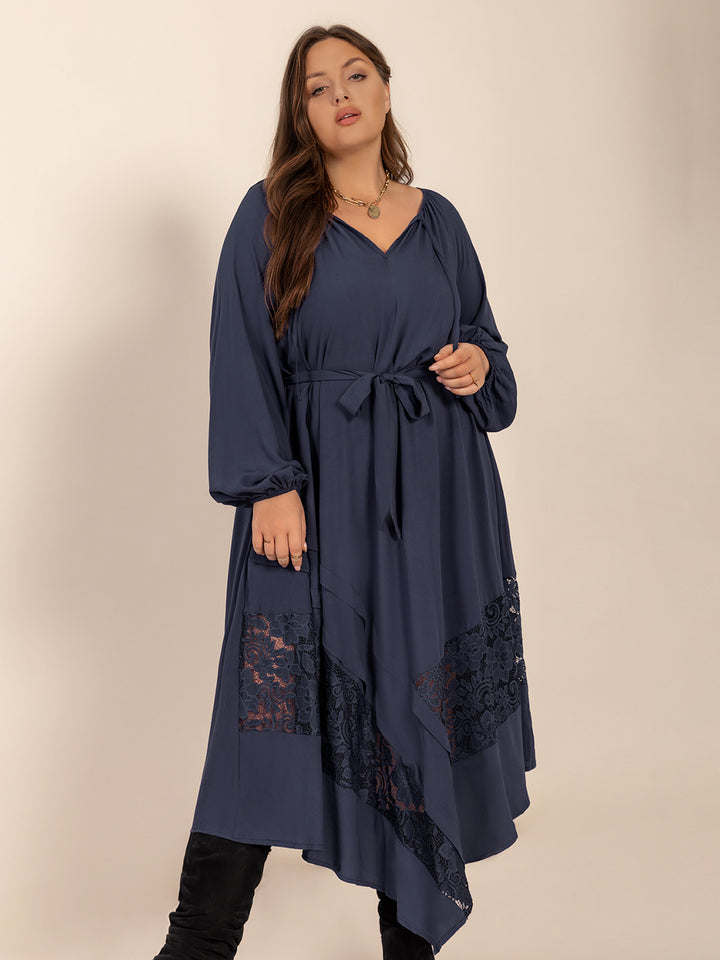 Fashion Sava | Lace Tie Neck Midi Dress | Elegant Long Sleeve - Dark Navy