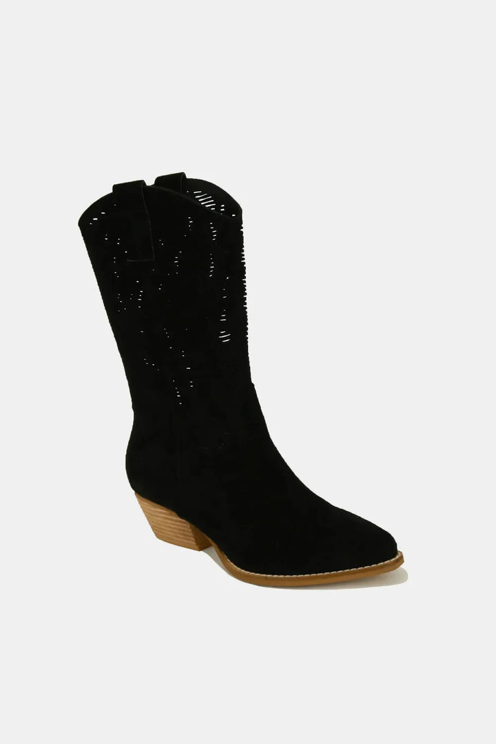 Fashion Sava | Block Heel Boots | Faux Suede Laser Cut Detail