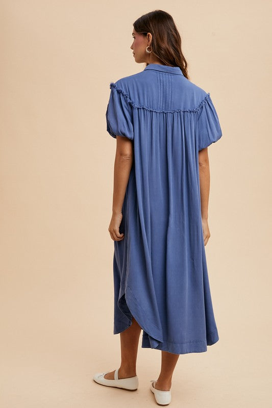Fashion Sava | Mineral Washed Shirt Dress | Puff Sleeve Design - Peacock  Blue