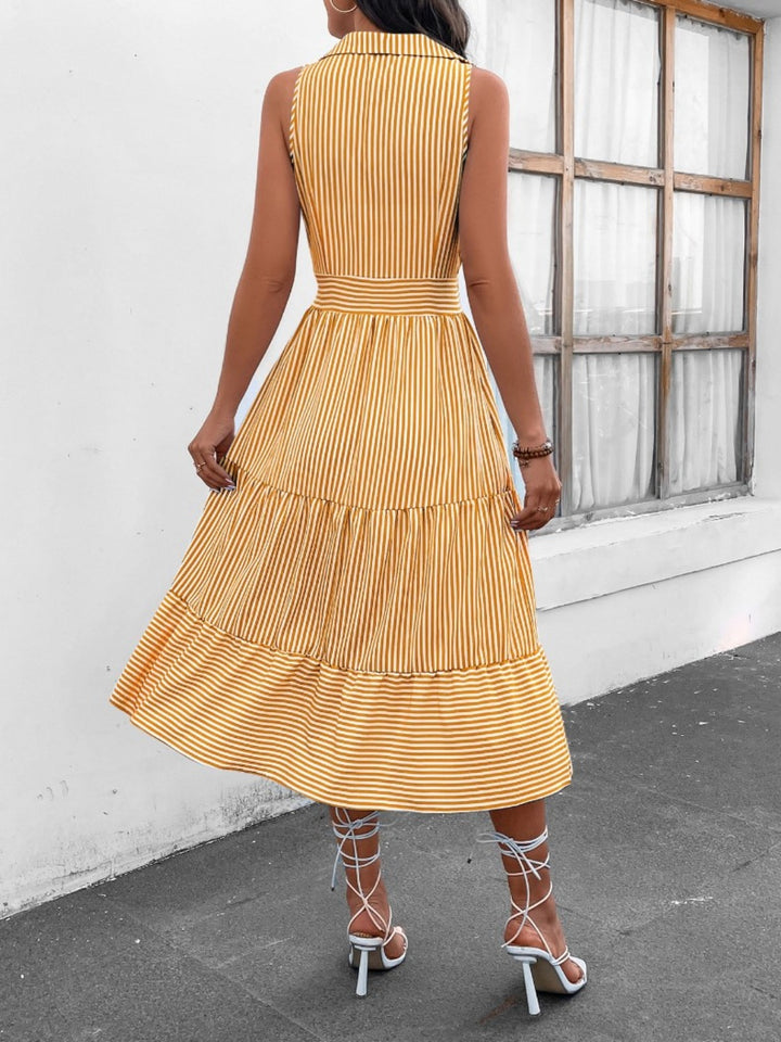 Fashion Sava | Sleeveless Midi Dress | Striped Johnny Collar Style - Blush Pink