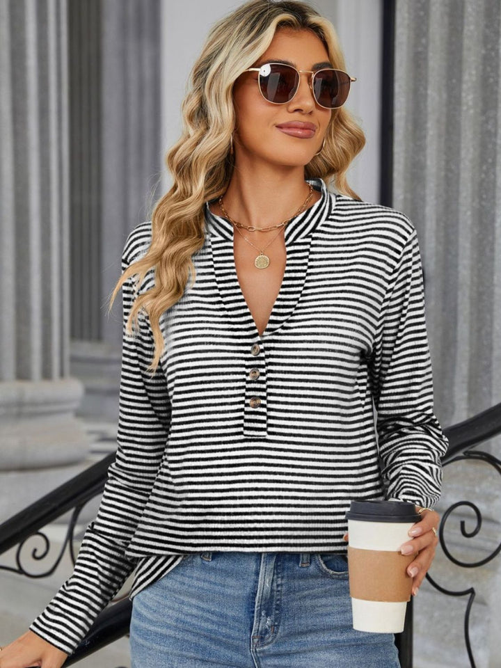 Fashion Sava | Striped T-Shirt | Notched Long Sleeve Style