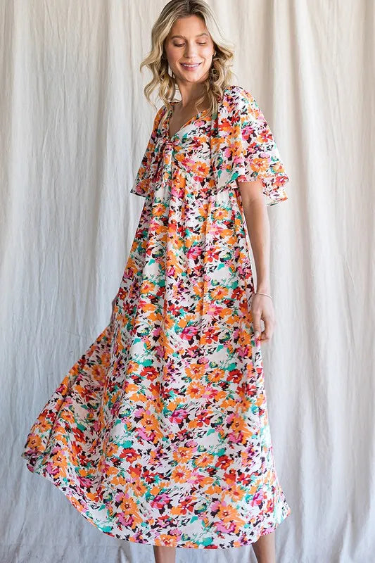 Fashion Sava | Floral Midi Dress | Sweetheart Neck Tie Front