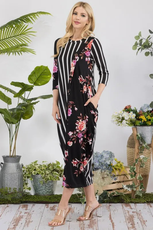 Fashion Sava | Midi-Dress | Stripe Floral Contrast with Buttons