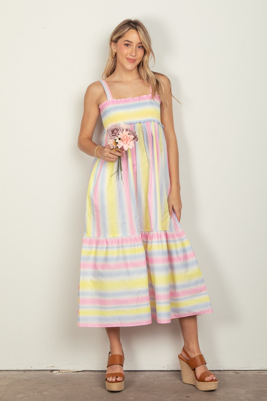 Fashion Sava | Smocked Midi Cami Dress | Striped Woven Style - PINKCOMBO