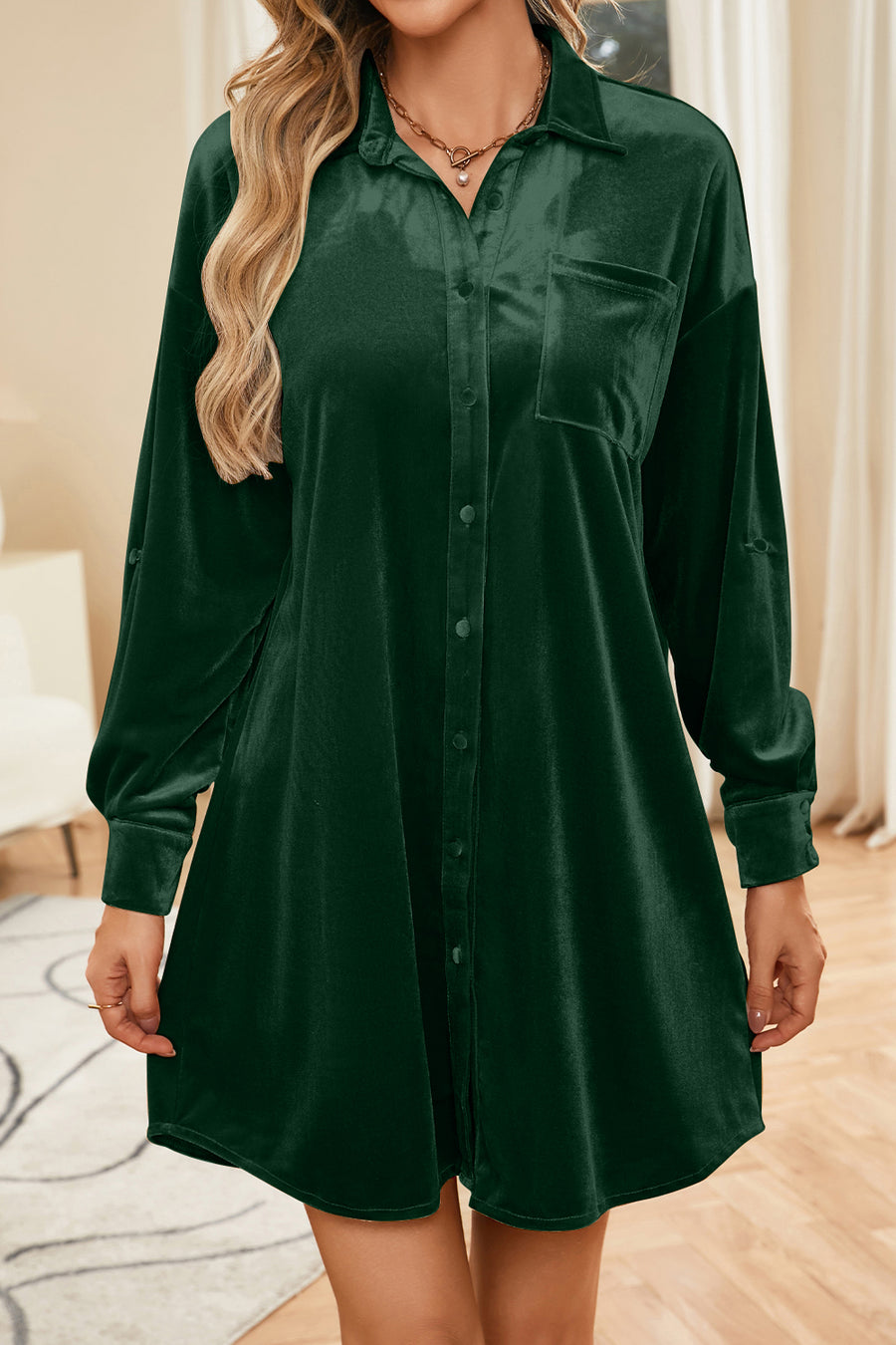 Fashion Sava | Velvet Mini Dress | Collared Neck Long Sleeve - Army Green