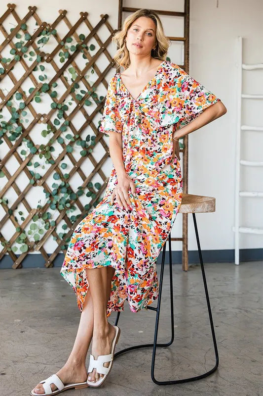Fashion Sava | Floral Midi Dress | Sweetheart Neck Tie Front