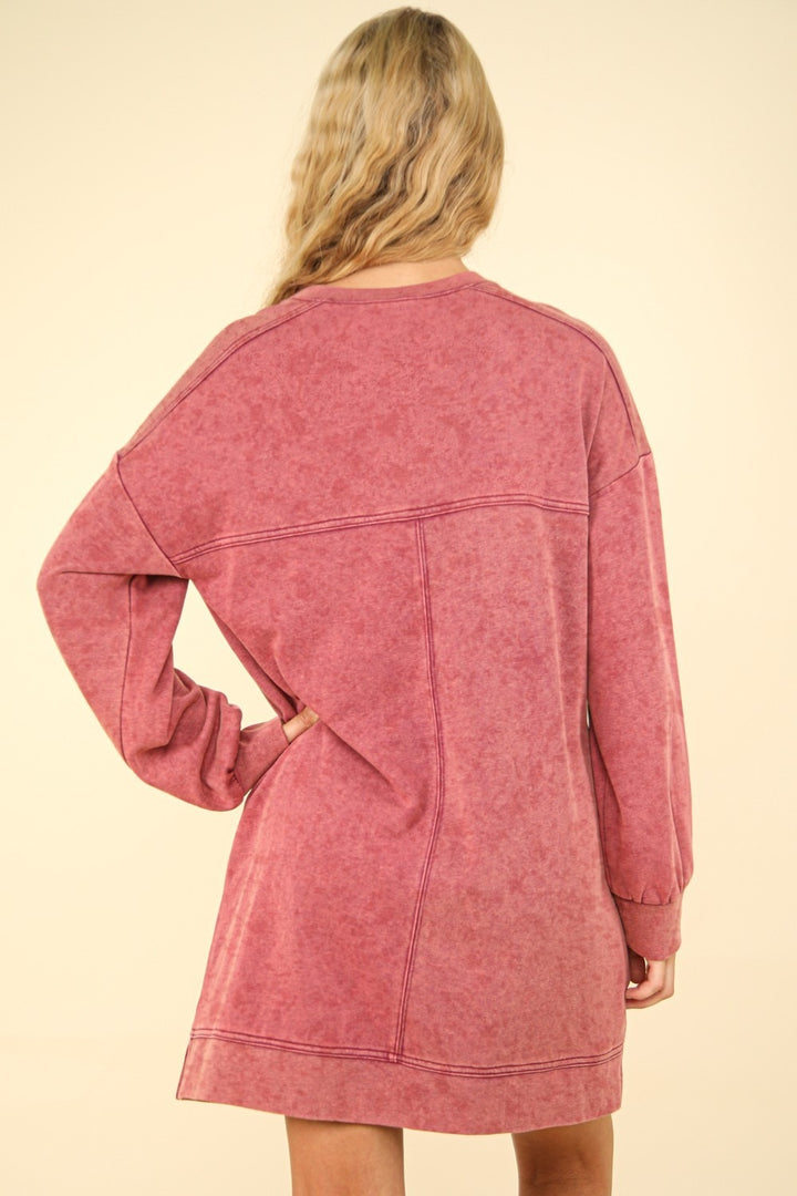 Fashion Sava | Oversized Sweatshirt Mini Dress | Mineral Washed Look - Magenta