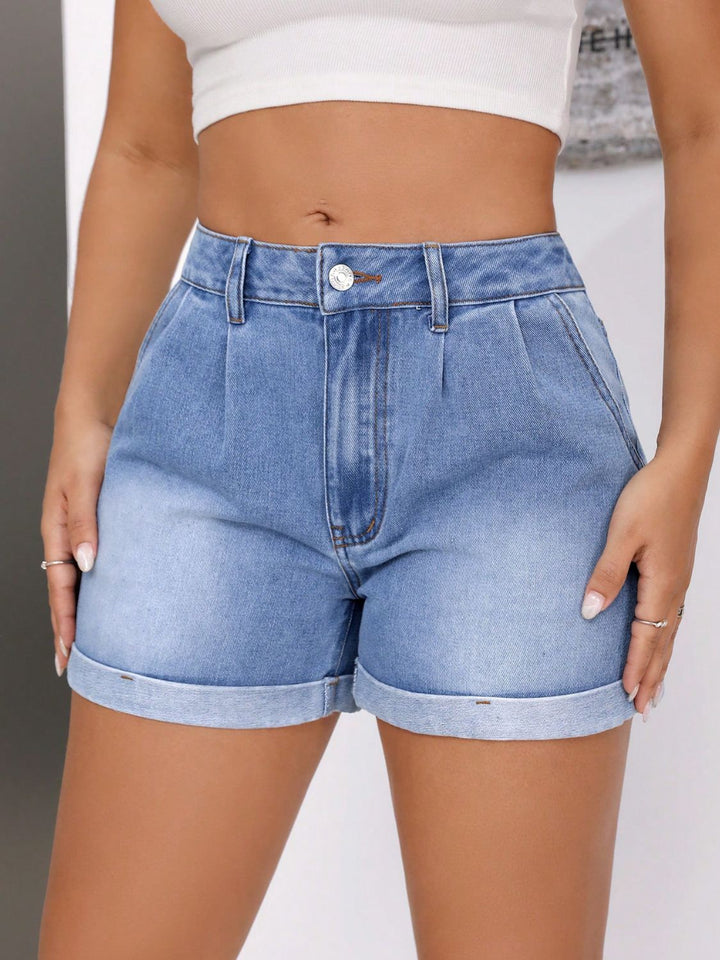 Fashion Sava | Denim Shorts | Rolled Hem Mid-Rise Waist