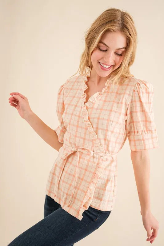 Fashion Sava | Plaid Wrap Blouse | Ruffled Elegance