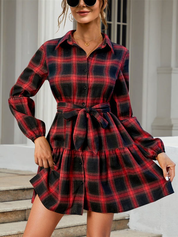 Fashion Sava | Tied Plaid Mini Dress | Long Sleeve Casual Wear - Burgundy