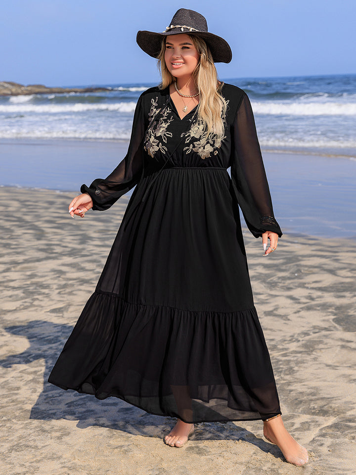 Fashion Sava | Embroidered Tie Neck Dress | Elegant Long Sleeve - Black