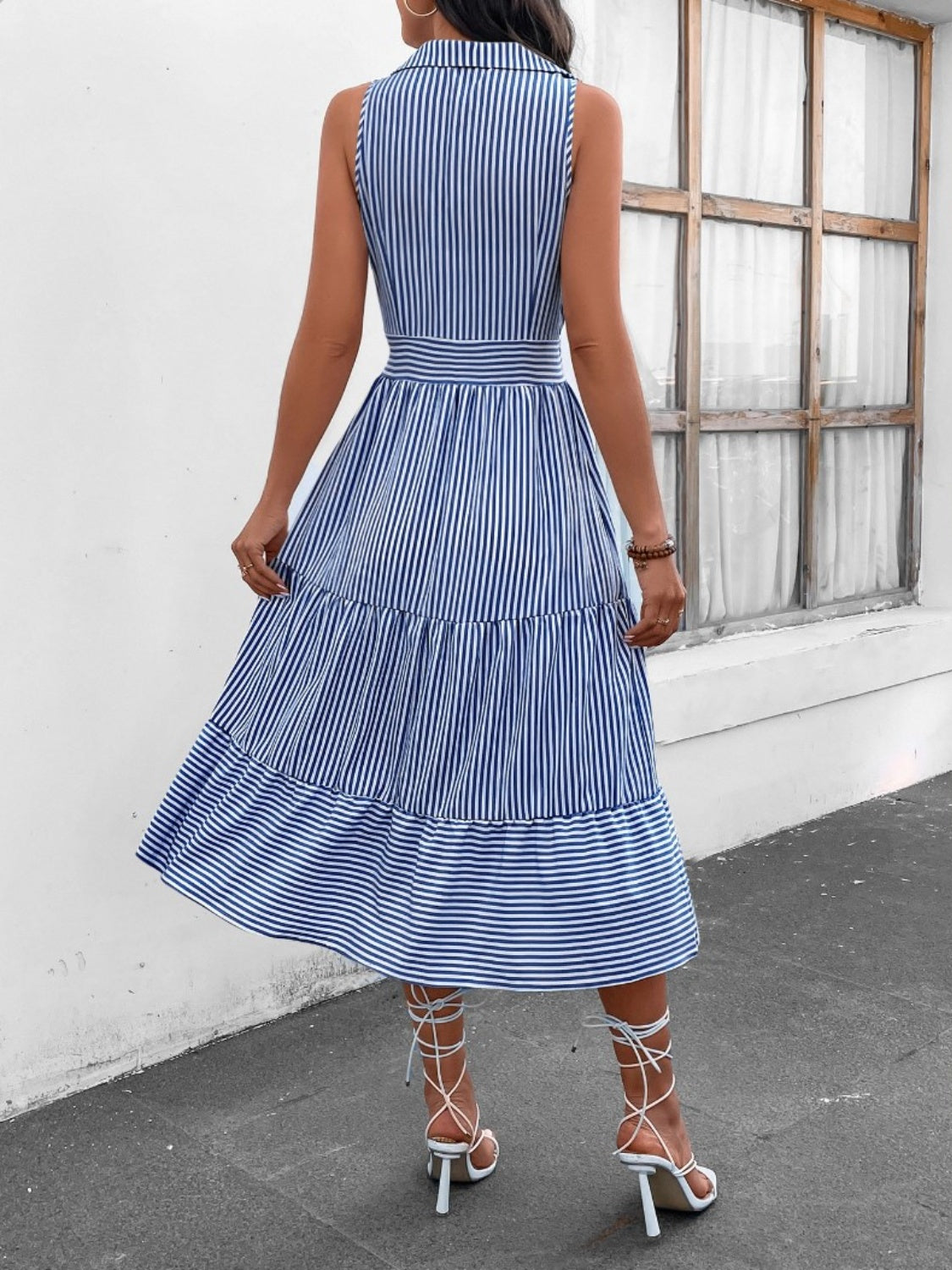 Fashion Sava | Sleeveless Midi Dress | Striped Johnny Collar Style - Pink Purple