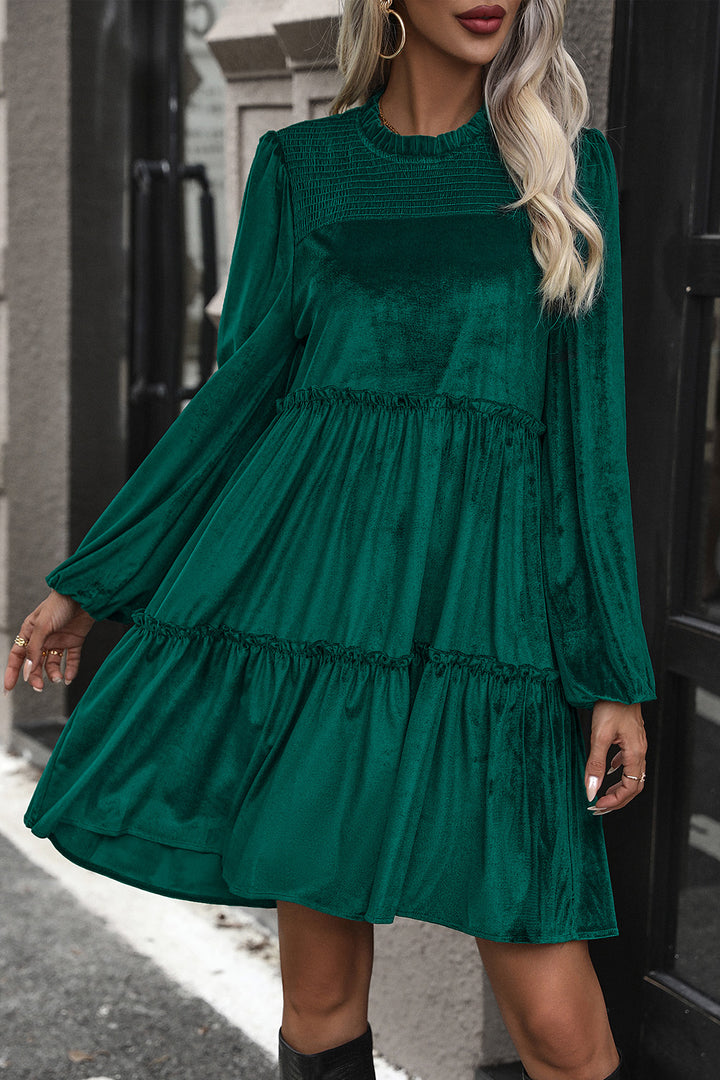 Fashion Sava | Smocked Frill Trim Dress | Tiered Balloon Sleeve Design - Dark Green