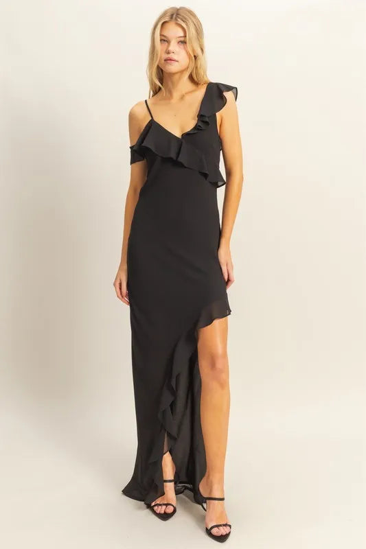 Fashion Sava | Chiffon Midi Dress | Ruffle Trim Elegance