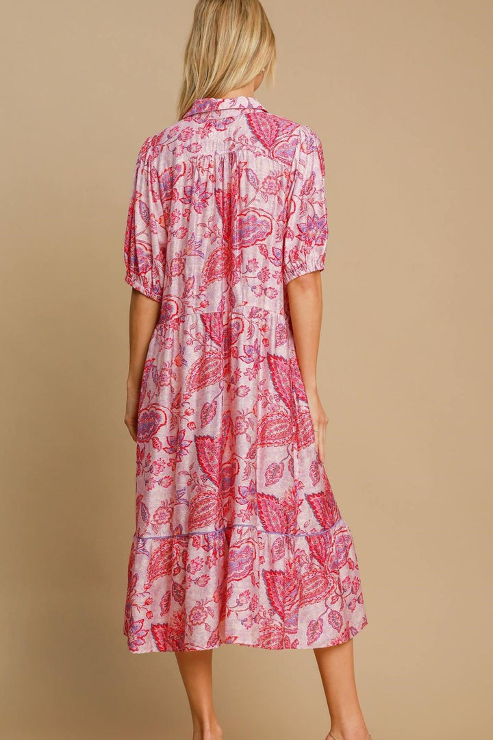 Fashion Sava | Ruffled Hem Midi Dress | Floral Paisley Print - PINK MIX
