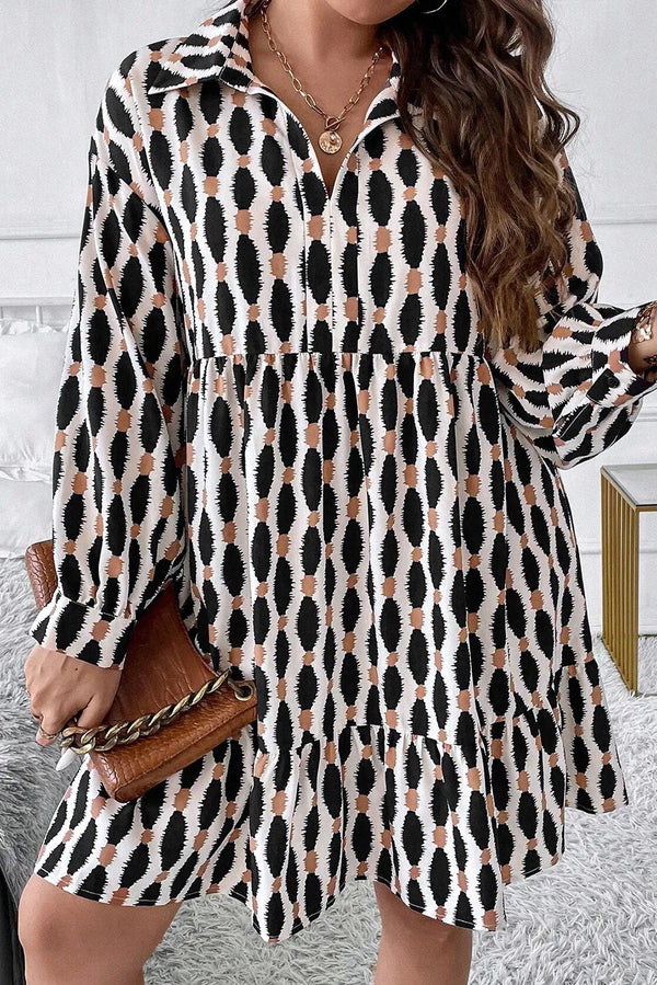 Fashion Sava | Johnny Collar Dress | Plus Size Printed Long Sleeve - Black