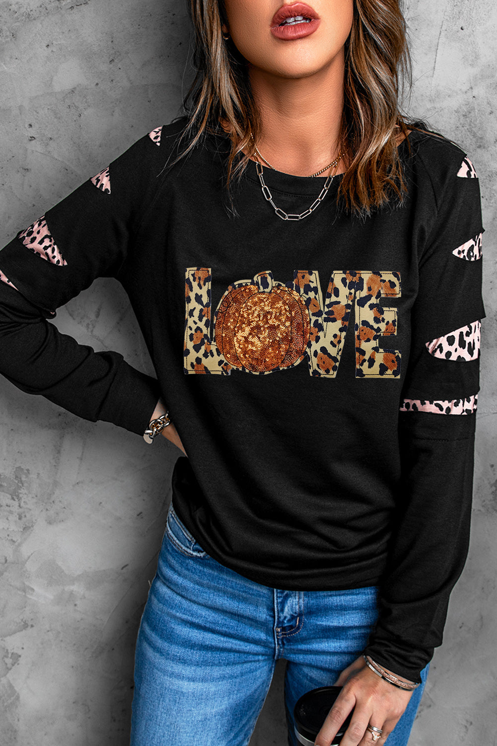 Sudadera de manga larga con estampado de leopardo y lentejuelas