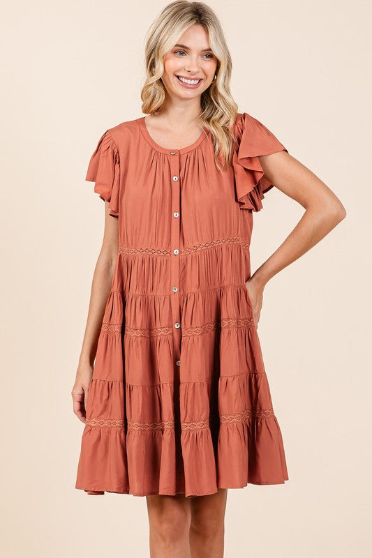 Fashion Sava | Lace Detail Tiered Dress | Elegant Ruffled Design - Pumpkin