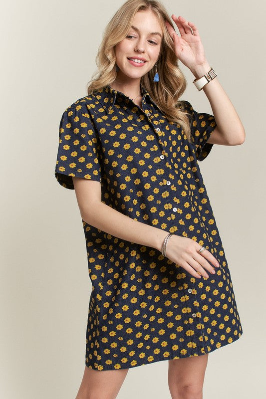 Fashion Sava | ADORA Denim Dress | Floral Button-Up Mini - Dark