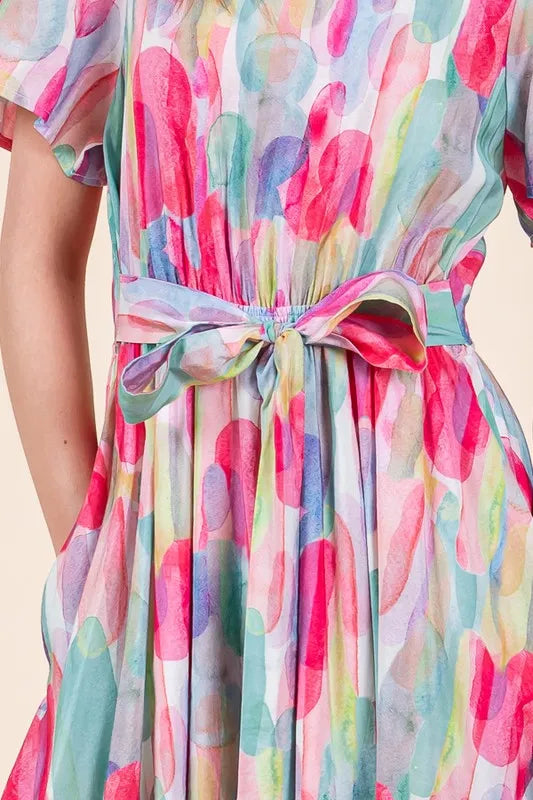 Fashion Sava | Watercolor Midi Dress | Tie Front Elegance