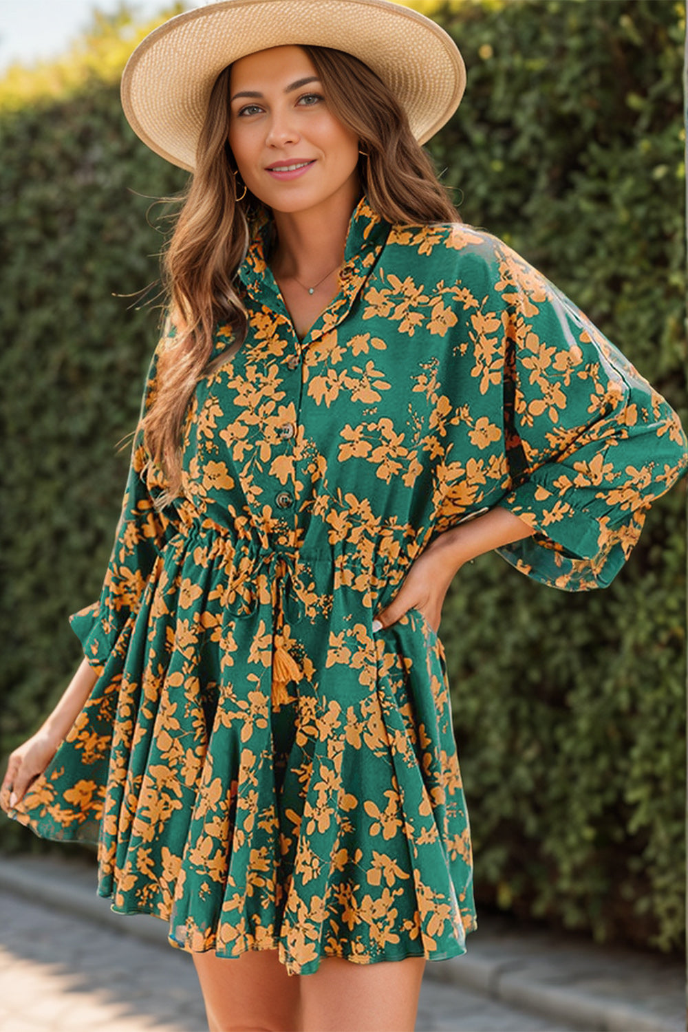 Printed Three-Quarter Sleeve Mini Dress