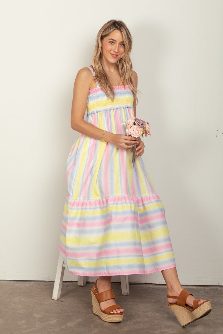 Fashion Sava | Smocked Midi Cami Dress | Striped Woven Style - PINKCOMBO