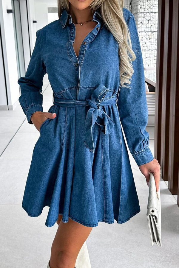 Fashion Sava | Denim Button Dress | Casual Long Sleeve Style - Dusty Blue
