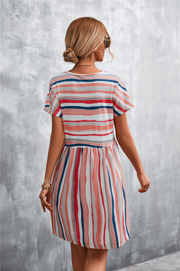 Fashion Sava | Striped Round Neck Dress | Casual Chic Wear - Coral
