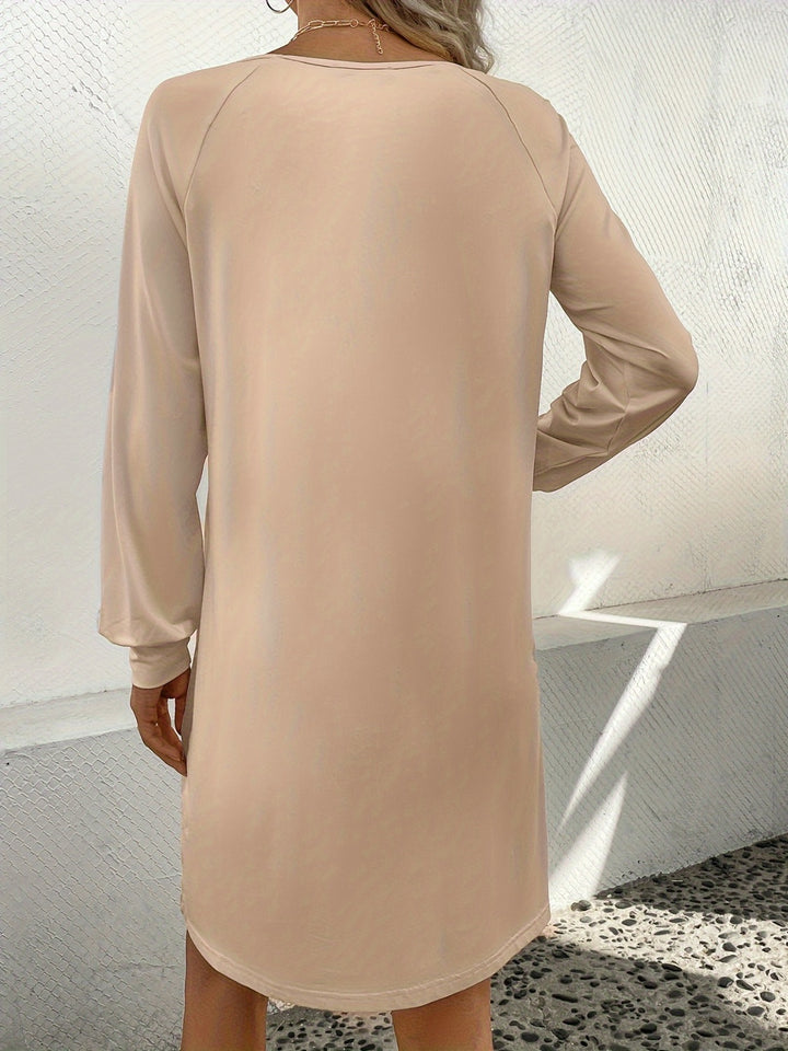Fashion Sava | V-Neck Raglan Dress | Elegant Knee Length - Tan