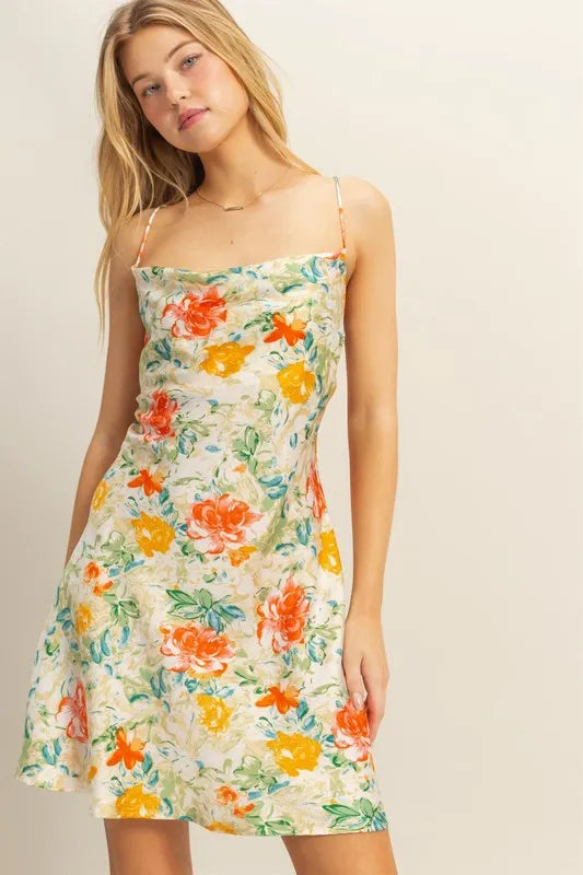 Fashion Sava | Satin Mini Dress | Flirty Floral Cowl Neck